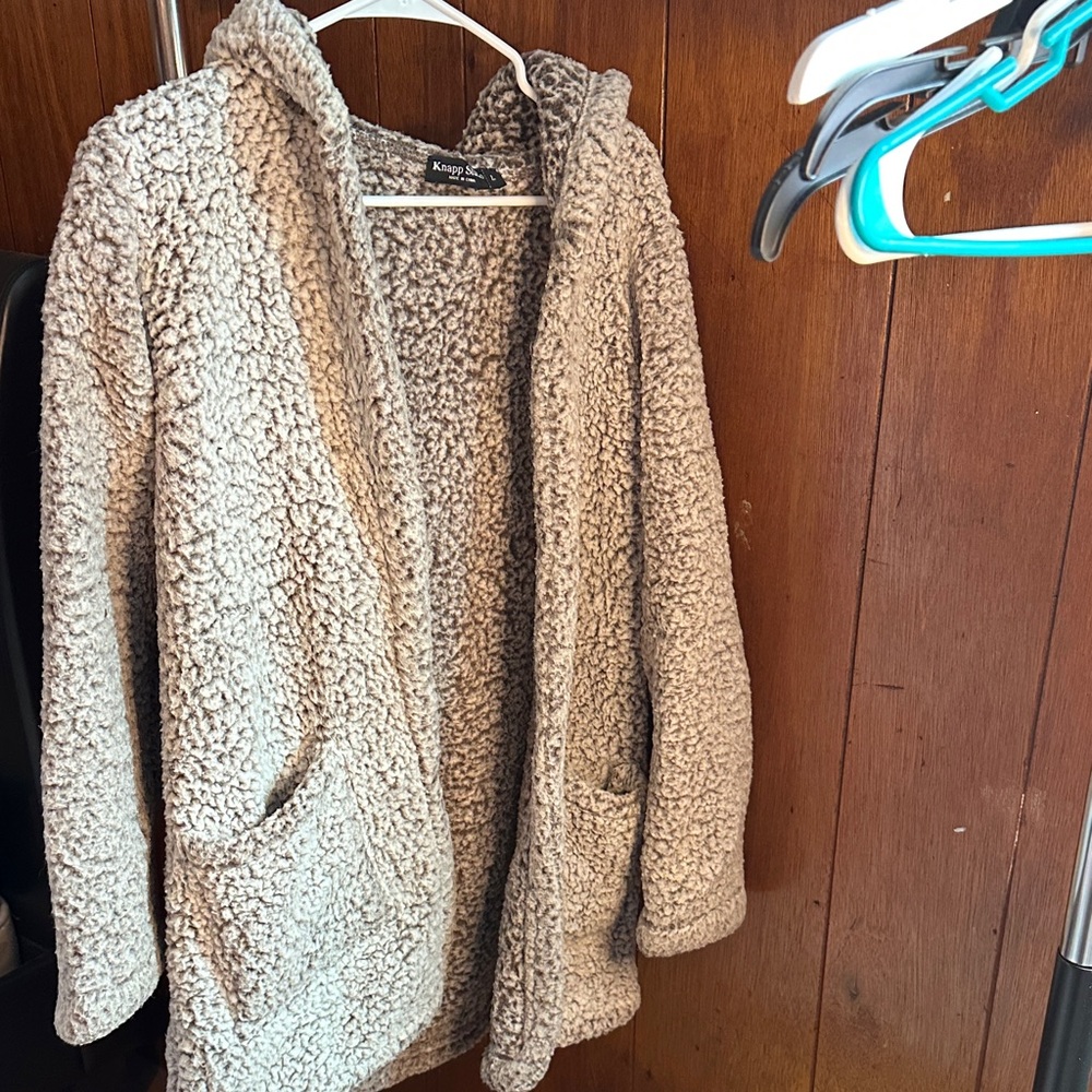 Kensie Hooded Open-Front Teddy Jacket in Light Taupe